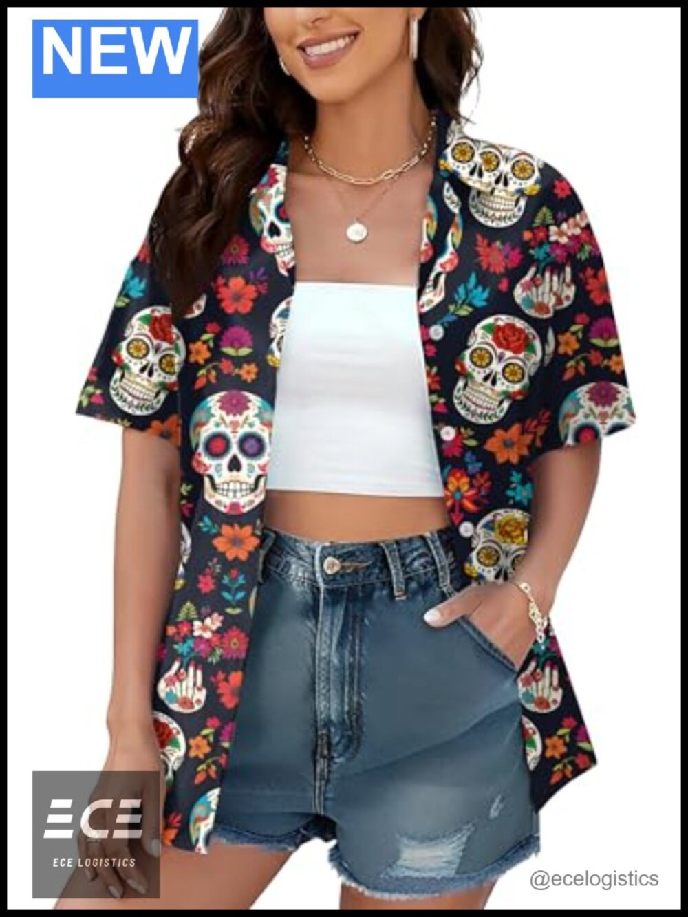 Women's Day of the Dead Sugar Skull Graphic Blouse Halloween Button Down Shirt